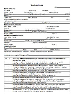 Child medical history form for River Birch Dental in Centuria, Wisconsin